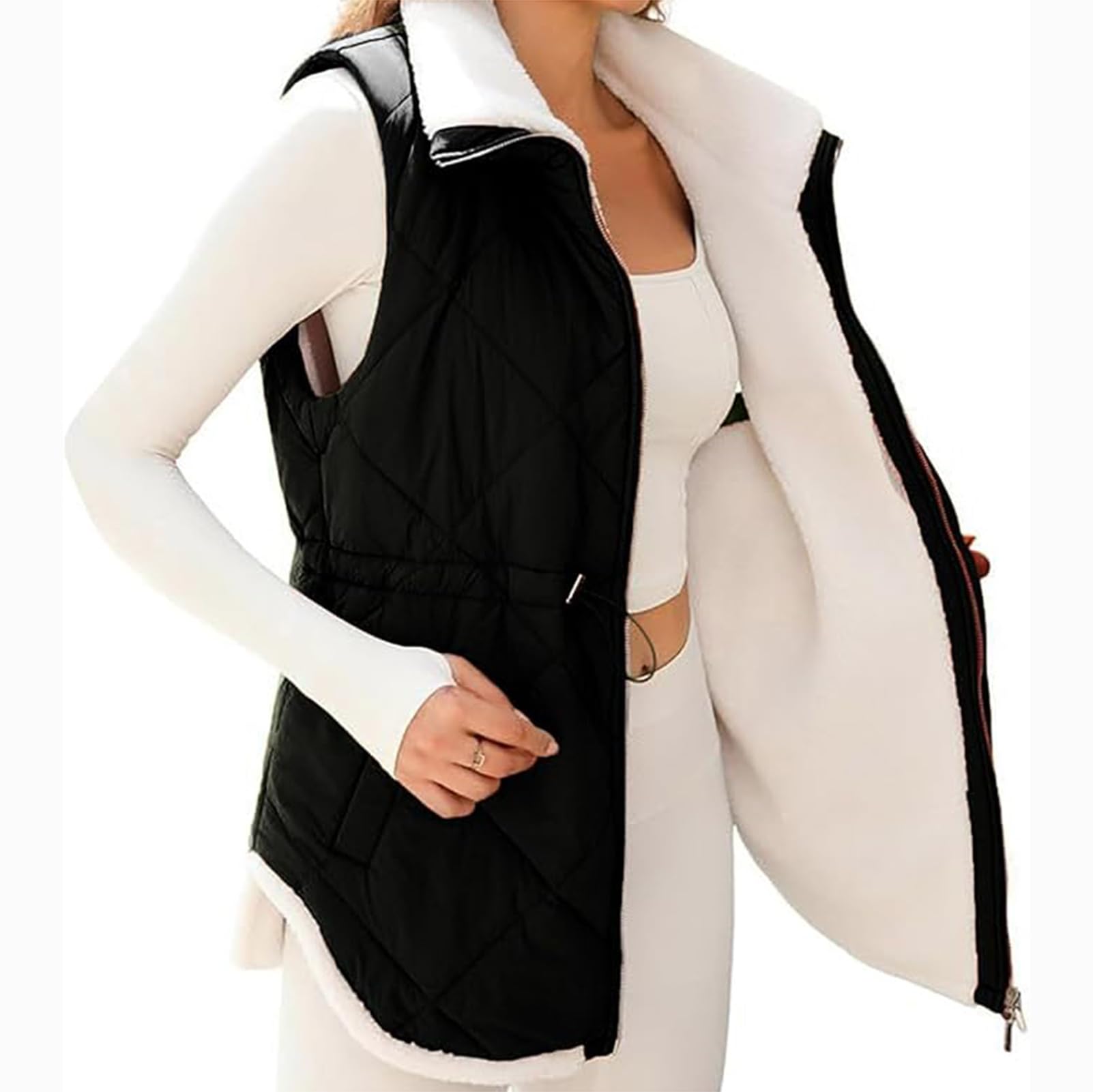 Gilet casual con collo alto senza maniche, gilet da donna lungo e leggero trapuntato, giacca di cotone di media lunghezza alla moda street style