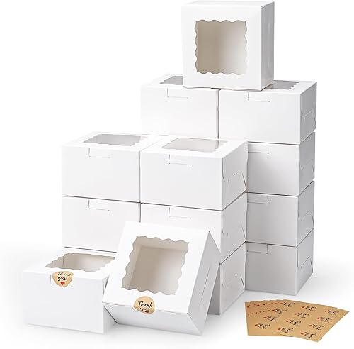 Moretoes 80 cajas pequeñas para galletas de 4 x 4 x 2.5 pulgadas, cajas blancas para panadería con ventana, cajas para tartas para postres,