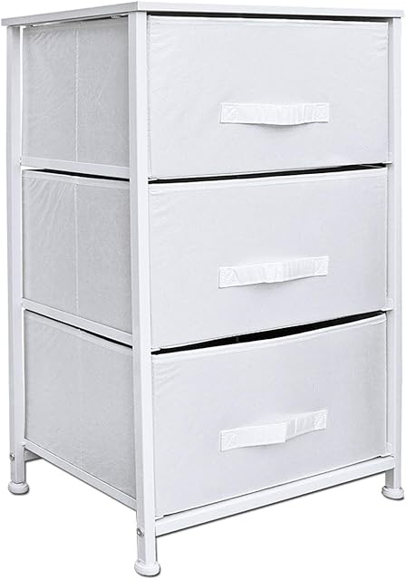 Clarisworld Drawers Storage Tower Dresser - Wood Top, Sturdy Steel Frame, Organizer Unit for Bedroom, Hallway, Entryway, Closets  Laminated Fabric (White -3 Drawers)