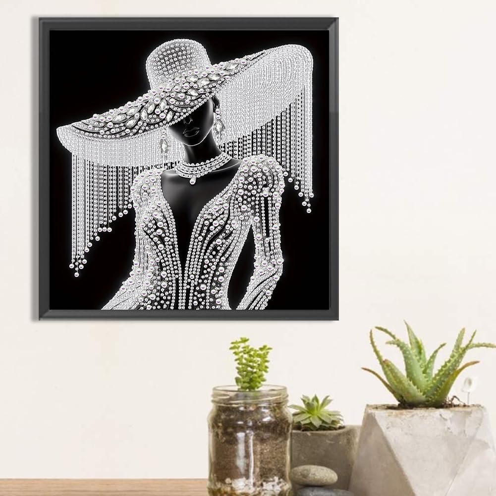 4pcs Black and White Hats Diamond Art Painting Set for Adults, Crystal Rhinestone Partial Drill Elegant Lady Design Pearl Painting Kit DIY Crafts, Big Gem Art Home Wall Decor Gift for Holiday Birthday