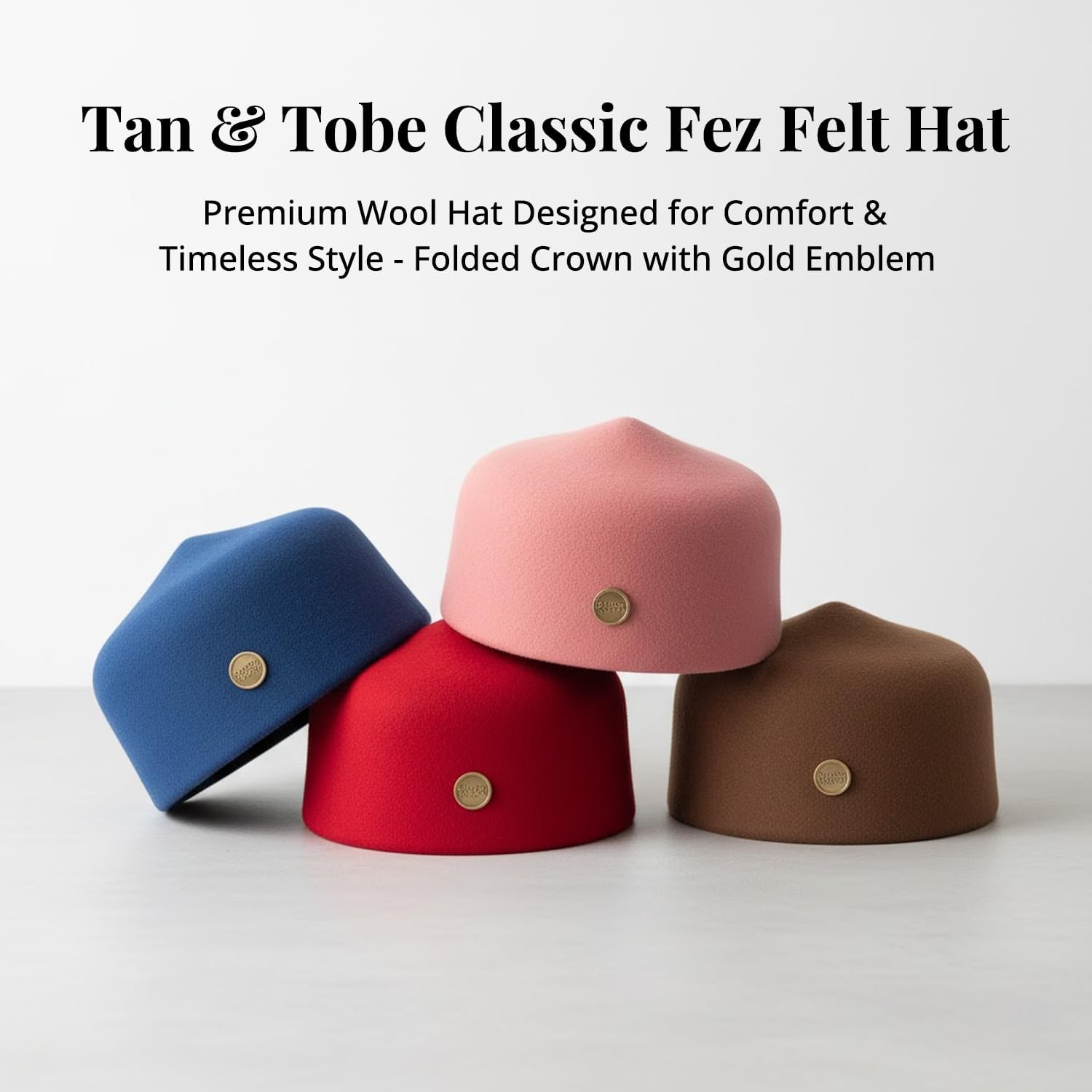 Tan & Tobe Classic Fez Felt Hat - Premium Wool Hat Designed for Comfort & Timeless Style - Folded Crown with Gold Emblem