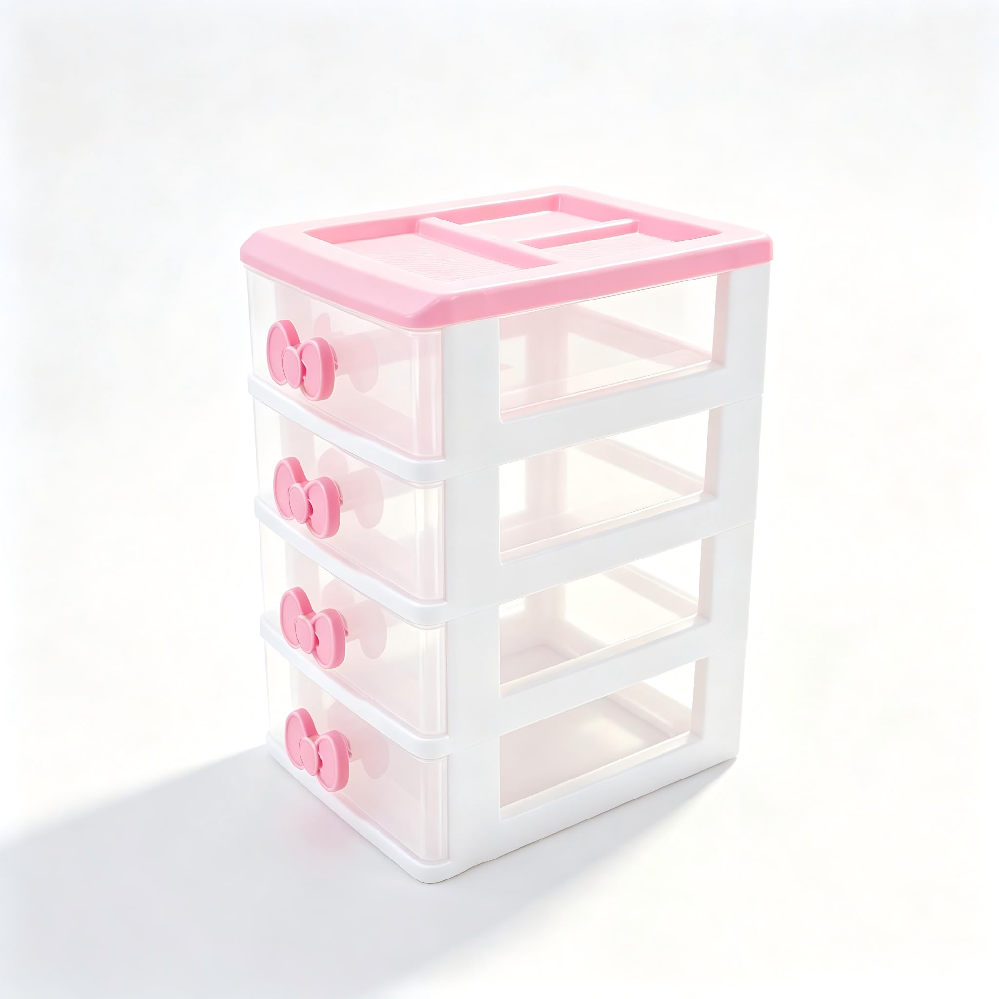 Cute 4-Drawer Plastic Storage Organizer with Pink Bow Handles, Clear Desktop Drawers for Girls, Ideal for Stationery, Cosmetics, and Small Accessories, Pink & White