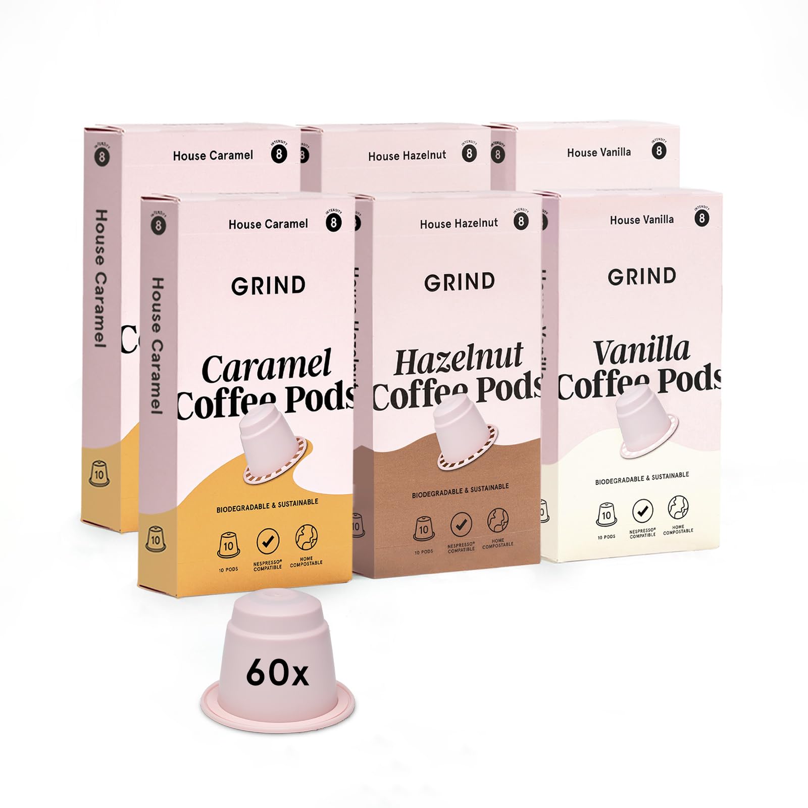 GrindFlavoured Coffee Pod Collection – Hazelnut, Vanilla & Caramel Blend – Pack of 60 Biodegradable Capsules – 100% Arabica – Nespresso® Original Machine Compatible – Home Compostable – Gift Set