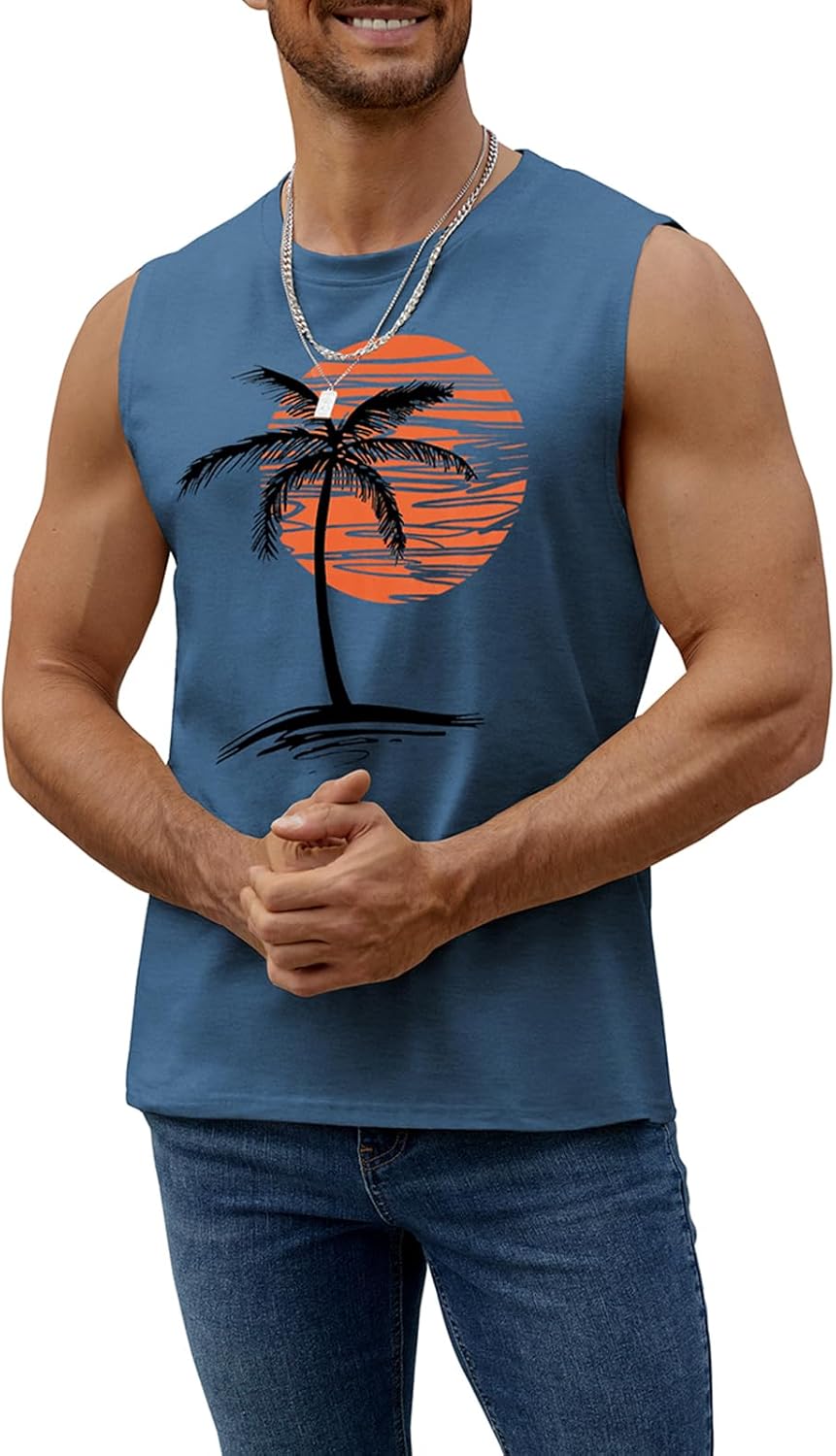 Mens Summer Beach Tank Top Tropical Hawaiian Palm Tree Print Sleeveless Shirts Muscle Tee Vacation Shirts - Image 3