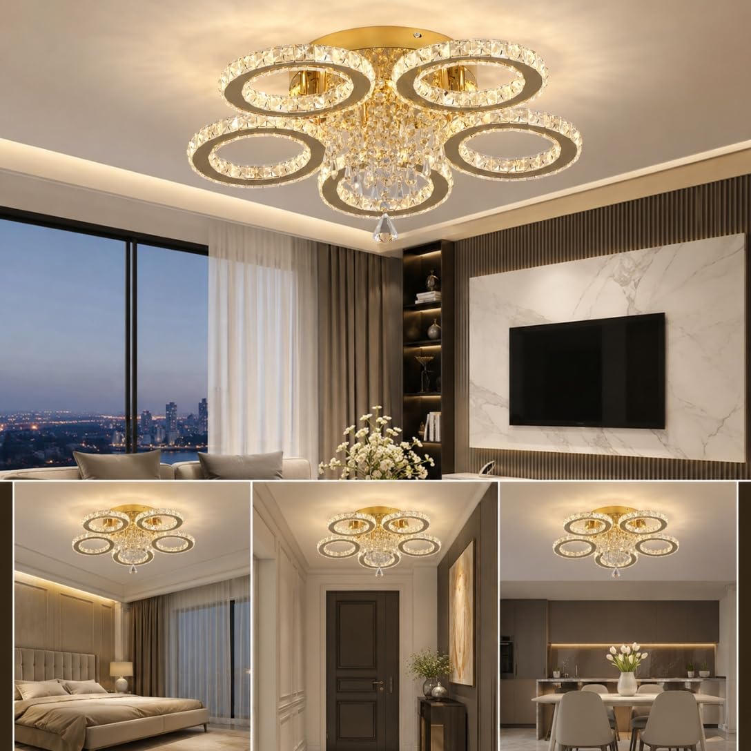VETRULUS Moderner Kristall-Kronleuchter – Goldene LED-Deckenleuchte mit 5 Ringen, Dimmbar für Schlafzimmer, Wohnzimmer, Esszimmer, Flur