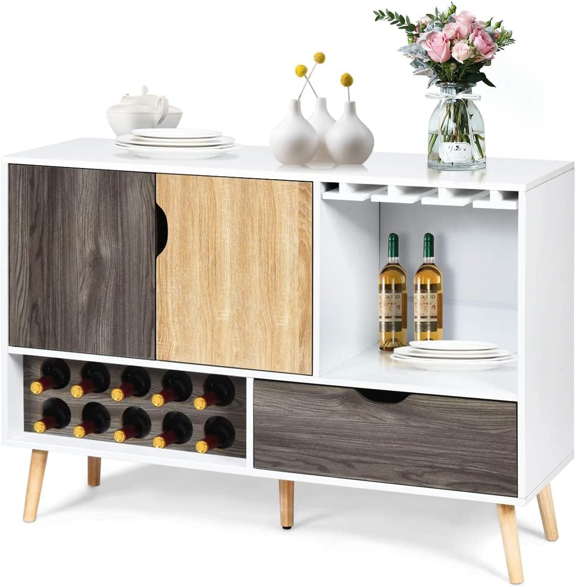 LUARANE Modern Buffet Sideboard, Wooden Kitchen Cupboard with 10 Bottle Wine Rack 3-Row Glass Holder Storage Shelves Drawer, Console Table for Dinging Room Living Room, White & Wood