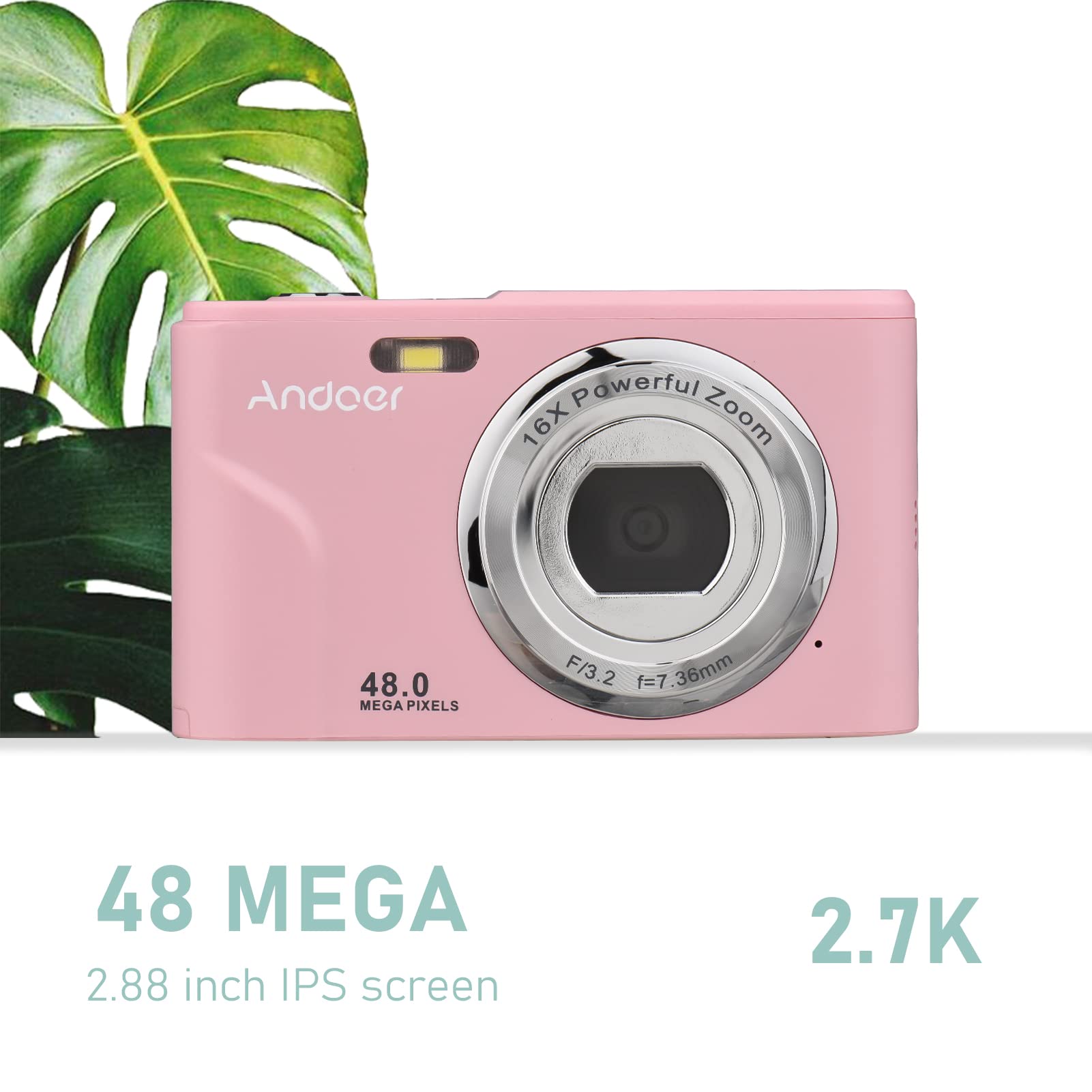 Andoer Aparat cyfrowy z autofokusem, 48 MP, 1080p, 2,4", aparat cyfrowy z 2 bateriami, pasek na rękę, torba do przenoszenia, dla dzieci, młodzieży, początkujących, studentów, różowy