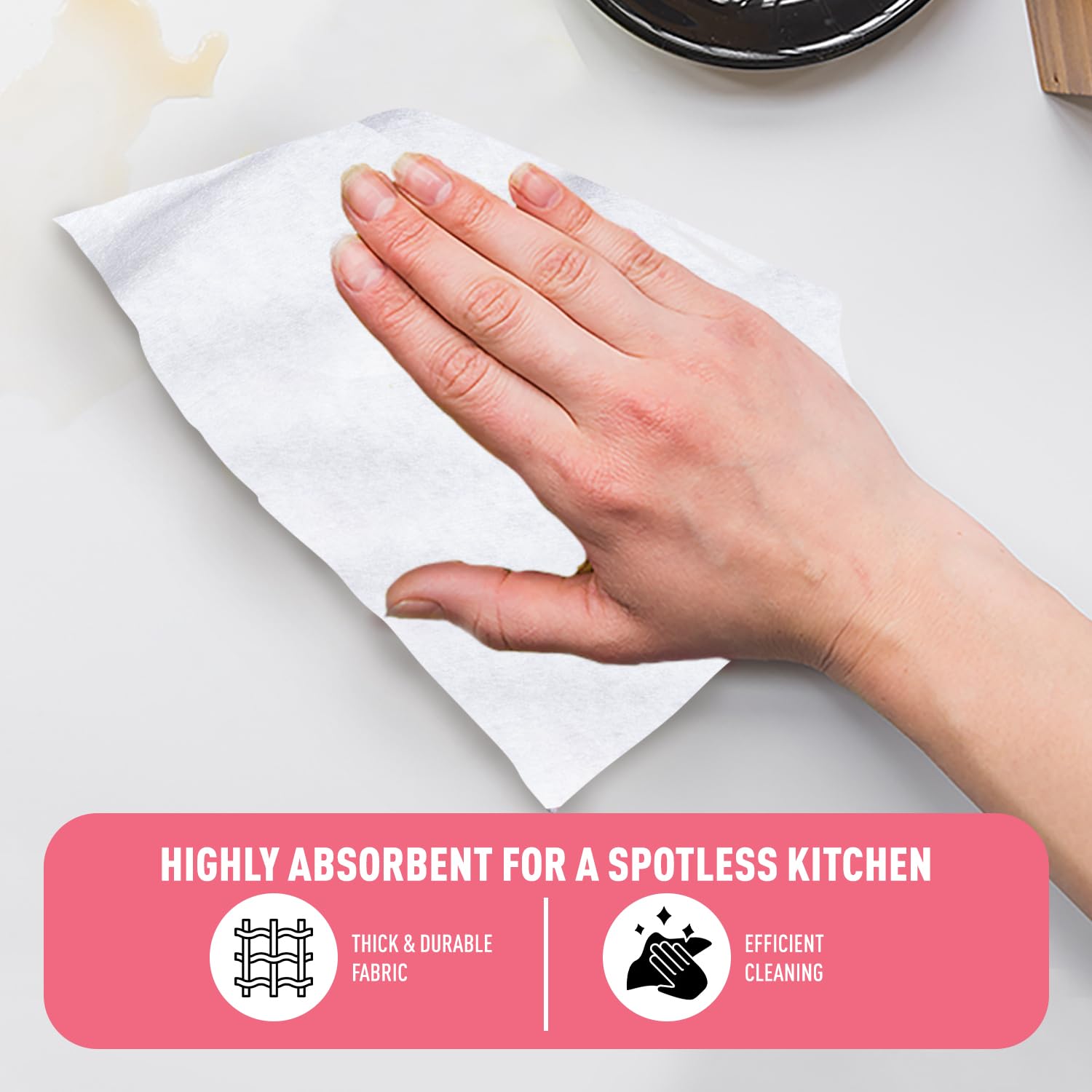 Amazon Brand - Presto! Non-Woven Reusable Kitchen Towel Roll | 50 Pulls | 100 Sheets (Pack of 2) | Size: 20 x 22 cm | White | Washable | Highly Absorbent | For Daily Use 1