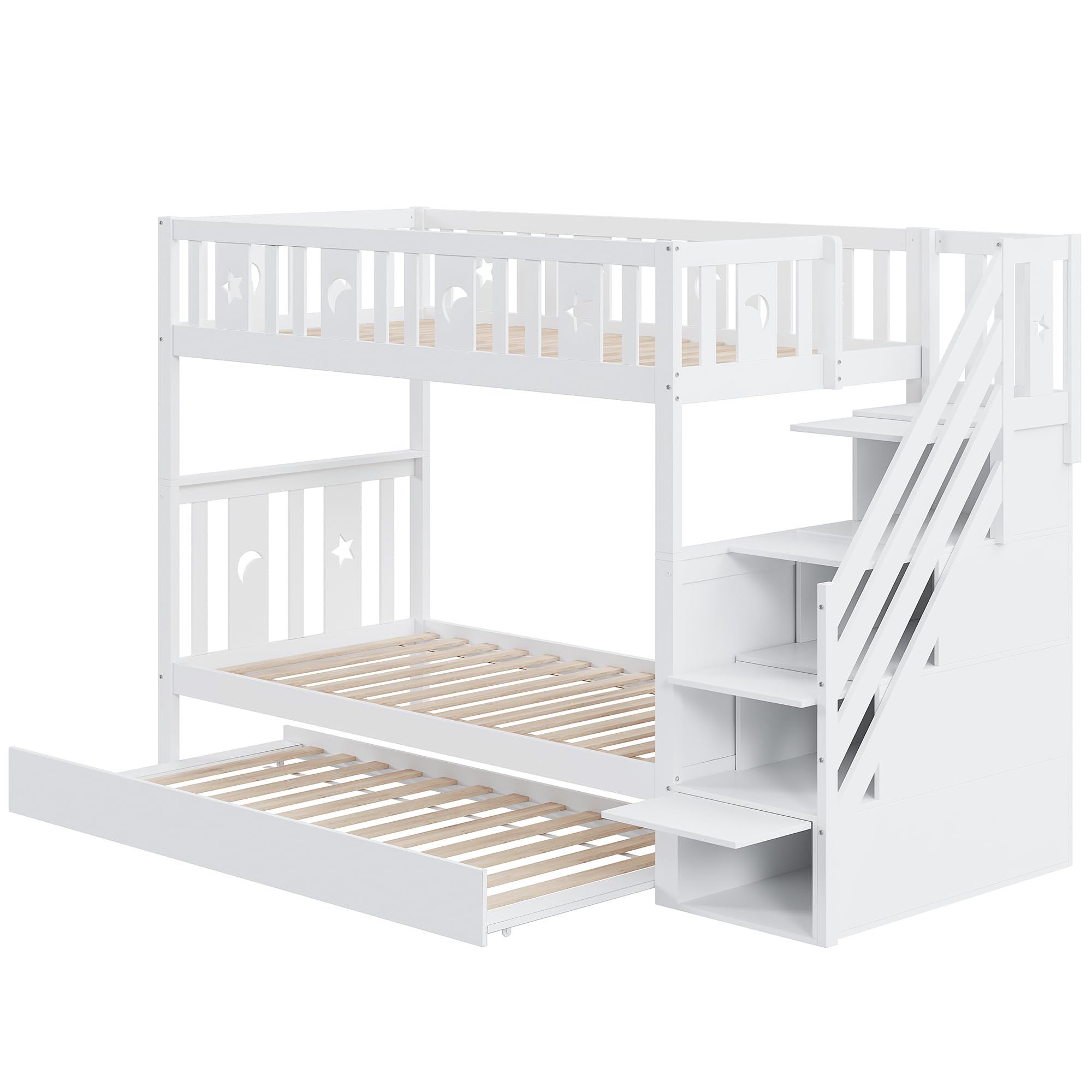 Kinderbett 90x200/90x200cm, Hochbett Etagenbett mit Stauraum-Sicherheitstreppe&Ausziehbett&Lattenrost, Jugendbett Holzbett Stockbett für 2 Kinder, Rausfallschutz Bett, Massivholz, Weiß