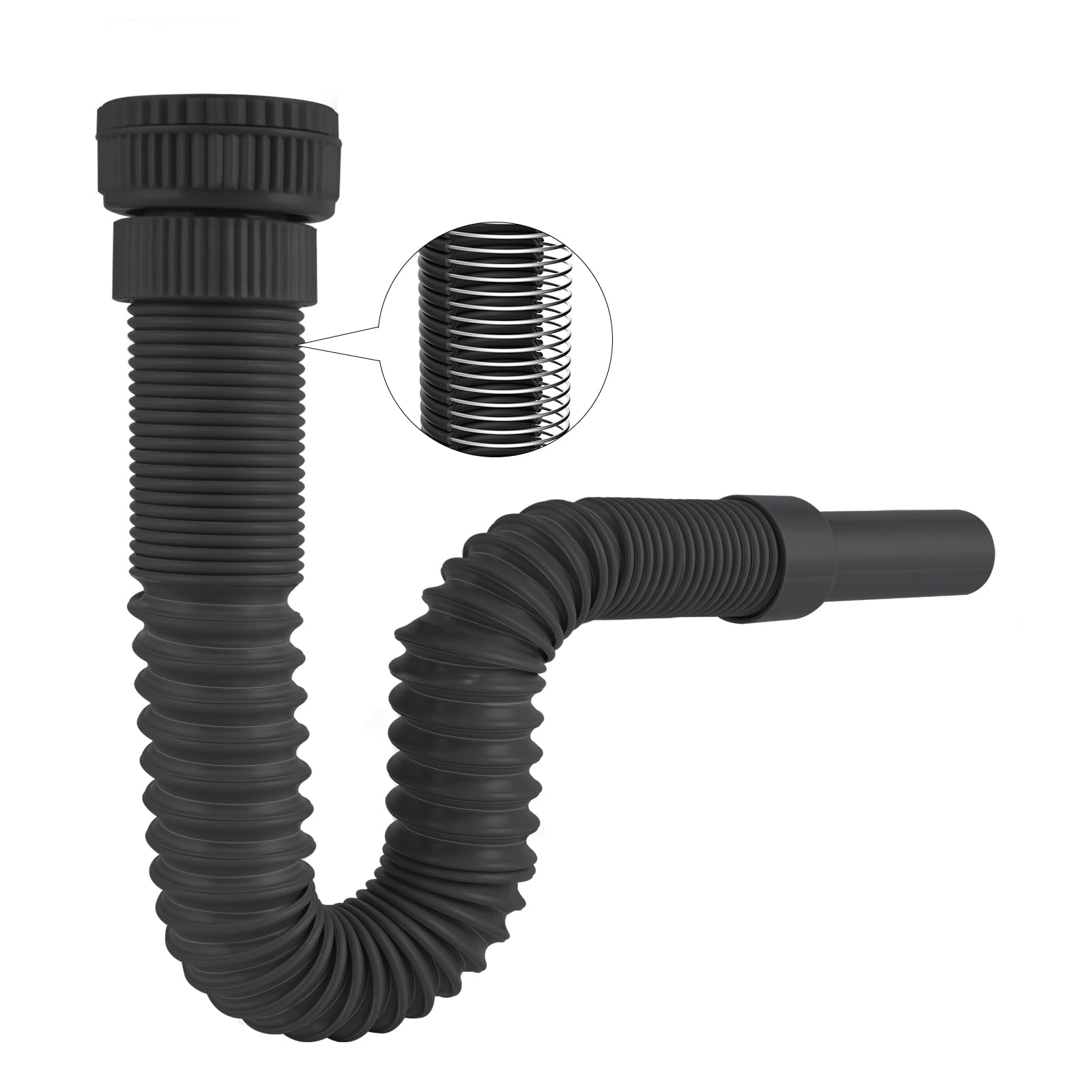 Hibbent Flexibler Ablaufschlauch mit Verstärkter Stahldraht & Adapter, Passend für G1 1/4"(40.4mm) & G1 1/2"(46.3mm) x 32mm Abläufe, Geruchsverschluss Siphon für Küche & Bad,Schwarz