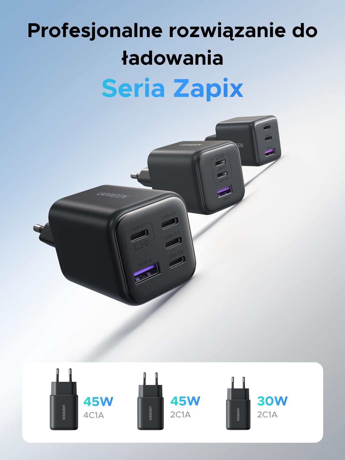 UGREEN Ładowarka USB C 45 W 5-portowa szybka ładowarka GaN Zasilacz PPS Adapter ładowarki PD Kompatybilna z Galaxy S25 Ultra, S24, iPhone 17 Pro Max, MacBook Air, iPad, Tab A8, Pixel 9