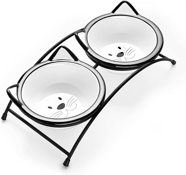 Y YHY Cat Bowls,Elevated Cat Food Water Bowls,Raised Cat Bowls with Stand,Ceramic Pet Dishes for Cats and Small Dogs,12 Ounces,Dishwasher Safe