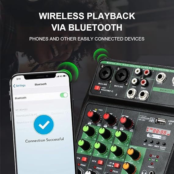4 Channel Professional mixer audio 99DSP Bluetooth U disk 48V Phantom Power Source USB recording,dj mixer,Suitable for beginners Live streaming (A4-G)