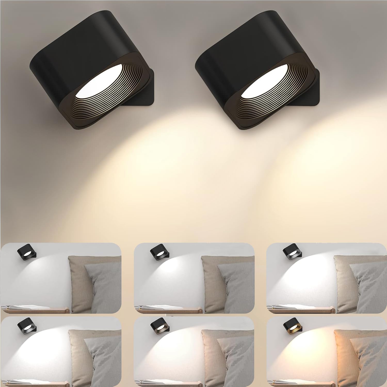 FOMYHEARD 2PC Aplique Pared Interior, LED Lampara de pared 360° Giratoria Lámpara de Interior Batería Recargable Tres Niveles de Temperatura de Color y Brillo, pare Estudio Apliques Pared Dormitorio