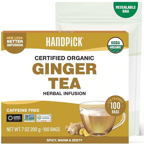HANDPICK, Organic Ginger Tea Bags (100 Herbal Tea Bags), Caffeine Free & 100% Pure Ginger Root |Soothing & Spicy Blend | Round Eco Conscious Teabags