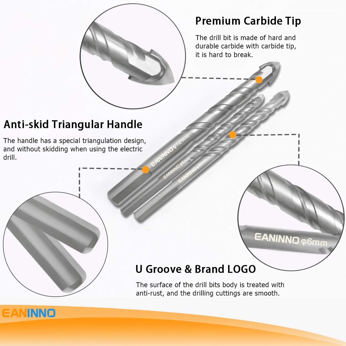 5 Piece Concrete Drill Bit Set, German Material Carbide Masonry Drill Bits for Concrete/Ceramic Tile/Brick/Wall/Plastic/Wood/Glass, Twist Tip Bit Tool by Eaninno (6 6 8 10 12mm)