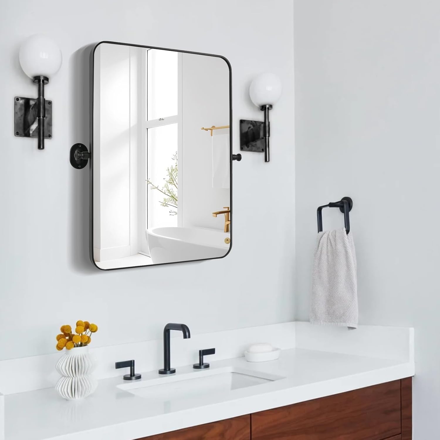 Pivot Mirror for Bathroom 19"×24" Black Tilt Mirror Rectangle Farmhouse Vanity Mirror Pivoting Stainless Steel Metal Framed Bathroom Vanity Mirrors for Wall with Rounded Corners（Vertical）