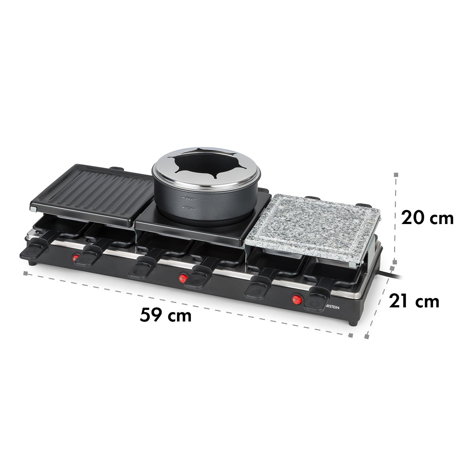Klarstein Fonduelette XL - Grill raclette i fondue 3 w 1, 1650 W, metal/kamień naturalny/płyta krepowa, 3 oddzielne elementy grzewcze ze stali nierdzewnej, 12 osób, nieprzywierający, czarny