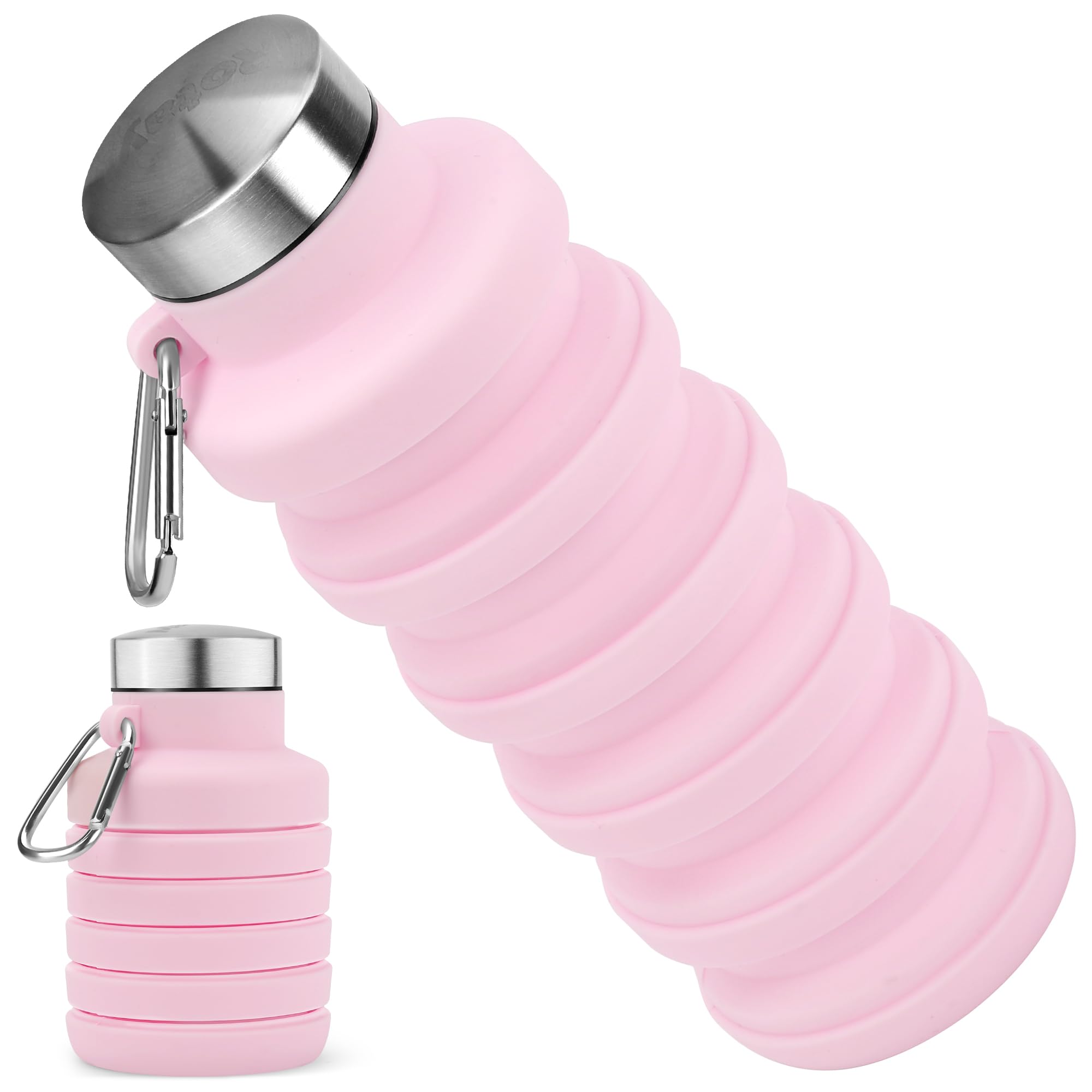 Rotayi Collapsible Water Bottle, 16oz Portable Reusable Silicone Water Bottle with Carabiner for Gym, Travel, Camping, Hiking, Sports, Lightweight, BPA-Free, Leak-Proof, Foldable Design, Light Pink — image 1