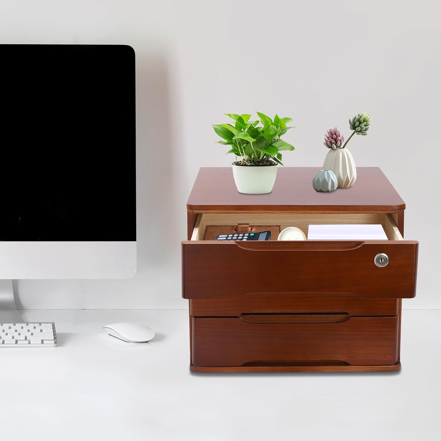 Wooden Desk Organizer with Drawers and Lock, Desktop Storage Cabinet,Drawer Organizer Desktop Drawer Wooden Storage Box for Home office Supplies (Walnut, 3Tier)