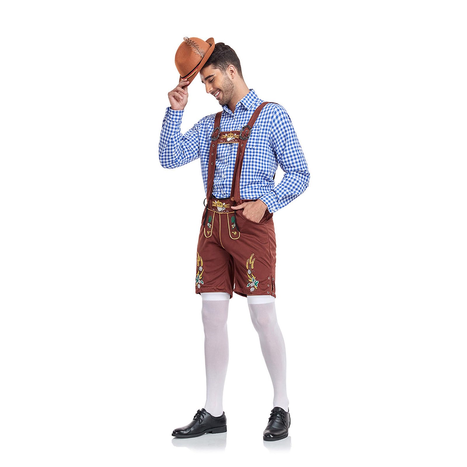 Lederhose Herren Set, Lederhosen Herren Lang Trachten Trachtenlederhosen Kurz Trachtenhose Vintage Trachtenlederhose Oktoberfest Men Outfit Hose + Hemd + Mütze
