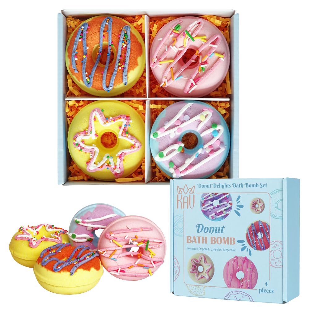 KAV Donut Bath Bombs Gift Set – 4 Piece Handmade Organic Bath Bomb Kit with Essential Oils – Relaxation Spa Gift for Women, Men, Teens, Kids – Self Care &amp; Aromatherapy Soak