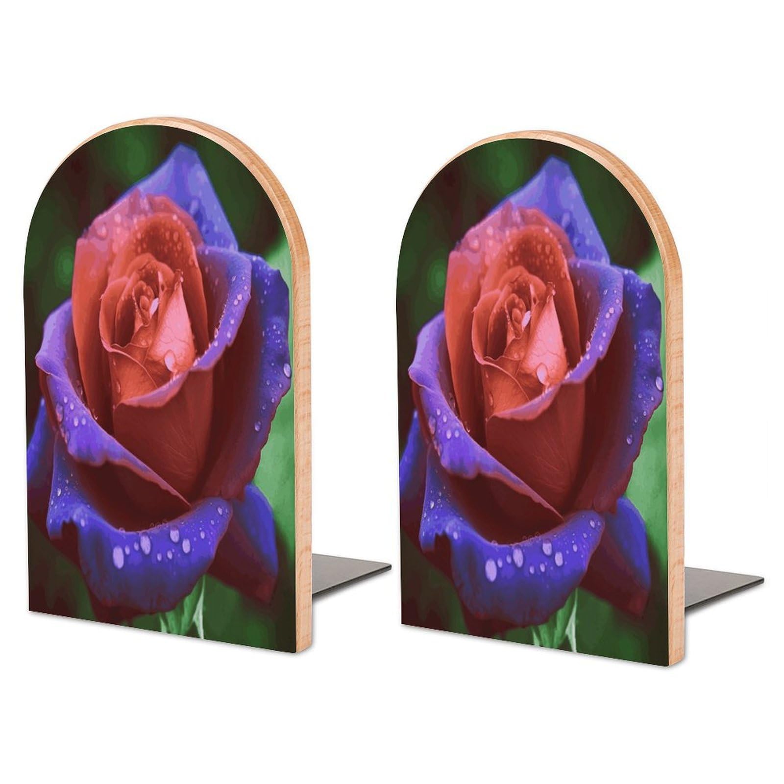 Heavy Duty Rose Book End Wooden Bookends with Metal Base Non-Skid Book Stopper for Shelves Books Organizer for Home Office Supplies 6.7 X 4.7 X 3.9”