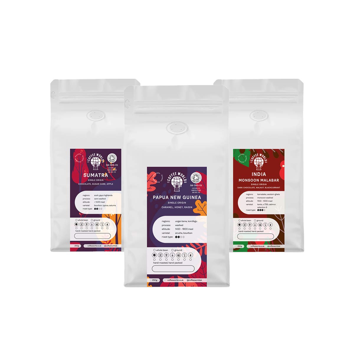 Coffee World | Asia Pacific Taster Pack, 1 x India Monsoon Process, 1 x Organic Papua New Guinea, 1 x Organic Sumatra (3 x 250g) (Ground Coffee)