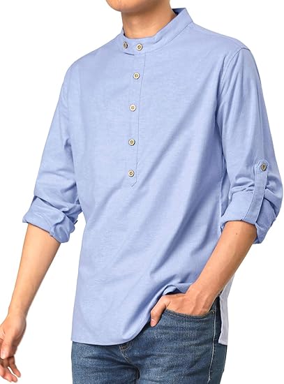 Amazon Lars Amadeus ヘンリーネックシャツ Tシャツ 半袖 リネン バンド付き襟 ロールアップ長袖 メンズ Tシャツ カットソー 通販