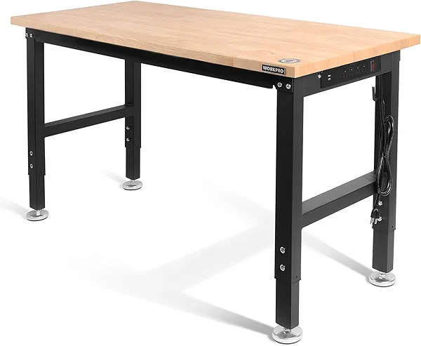 WORKPRO 48" Adjustable Workbench, Rubber Wood Top Heavy-Duty Workstation, 2000 LBS Load Capacity Hardwood Worktable with Power Outlets, for Workshop, Garage 4FT workbench 1