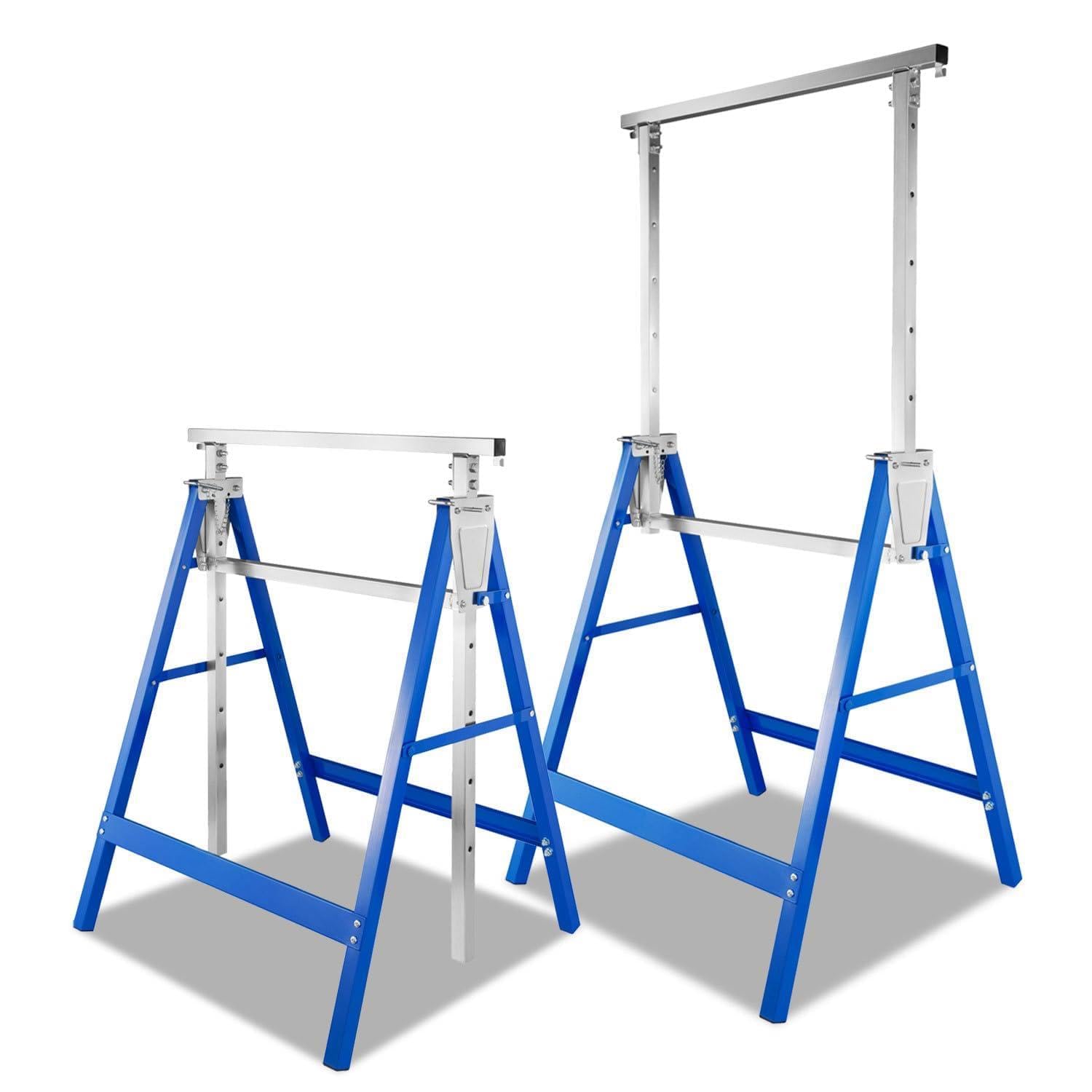 Juego de 2 caballetes telescópicos, altura regulable 80-130 cm, soporta 200 kg, plegable y antideslizante, para trabajos de pintura, construcción, jardín y taller, color azul