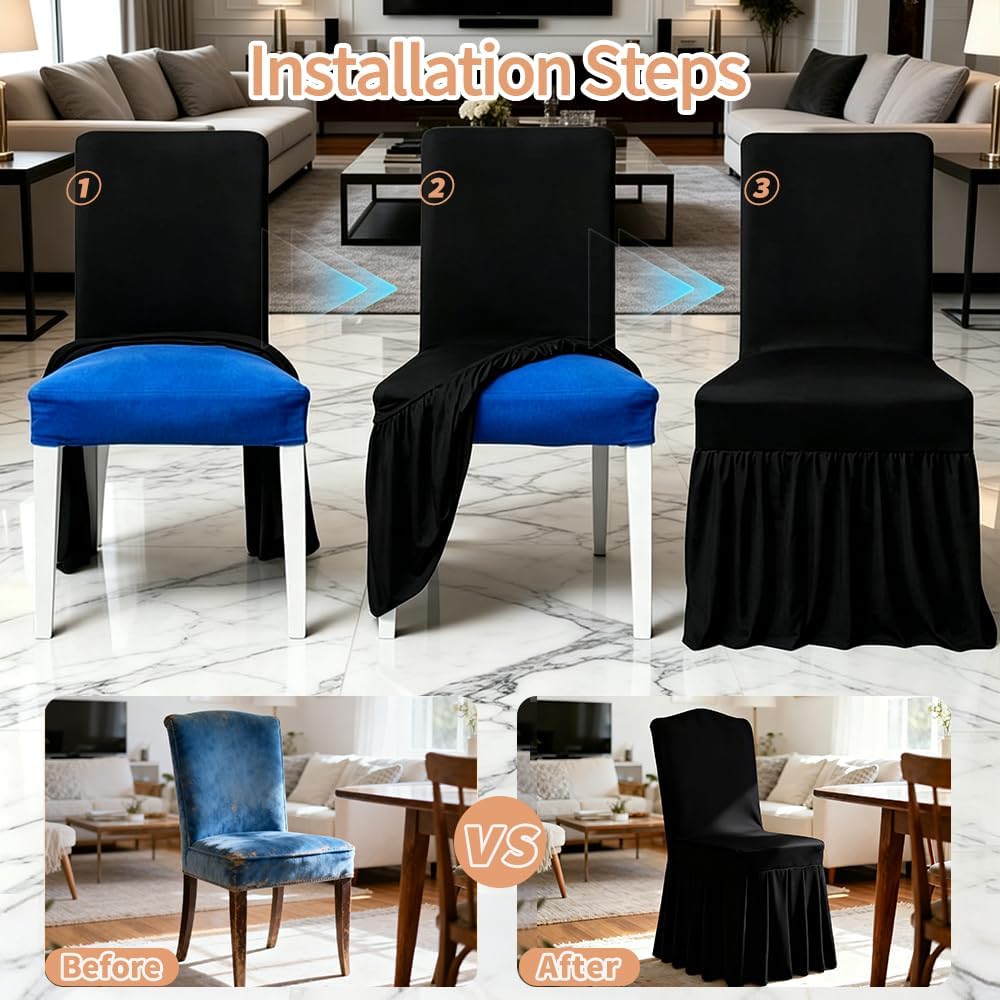 Yahpetes Chair Covers 1 Pcs Pleated Skirt Spandex Chair Cover Stretch Slipcover Black Washable Fitted Chair Protector Cover for Dorm, Dining Room, Hotel, Ceremony (Black, 1 Pcs)