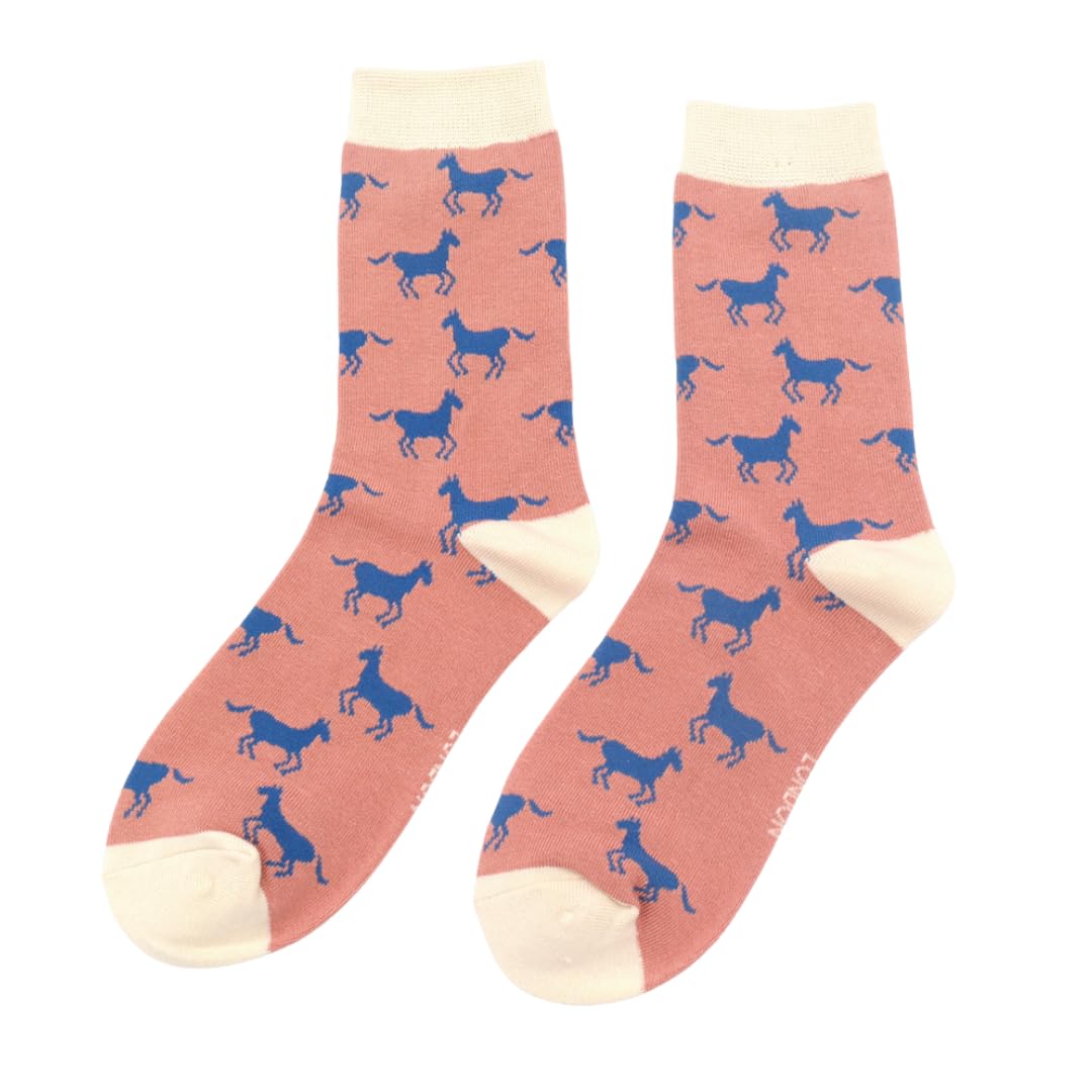 Mr Sparrow Horses on Dusky Pink Womens Novelty Ankle Socks Adult One Size