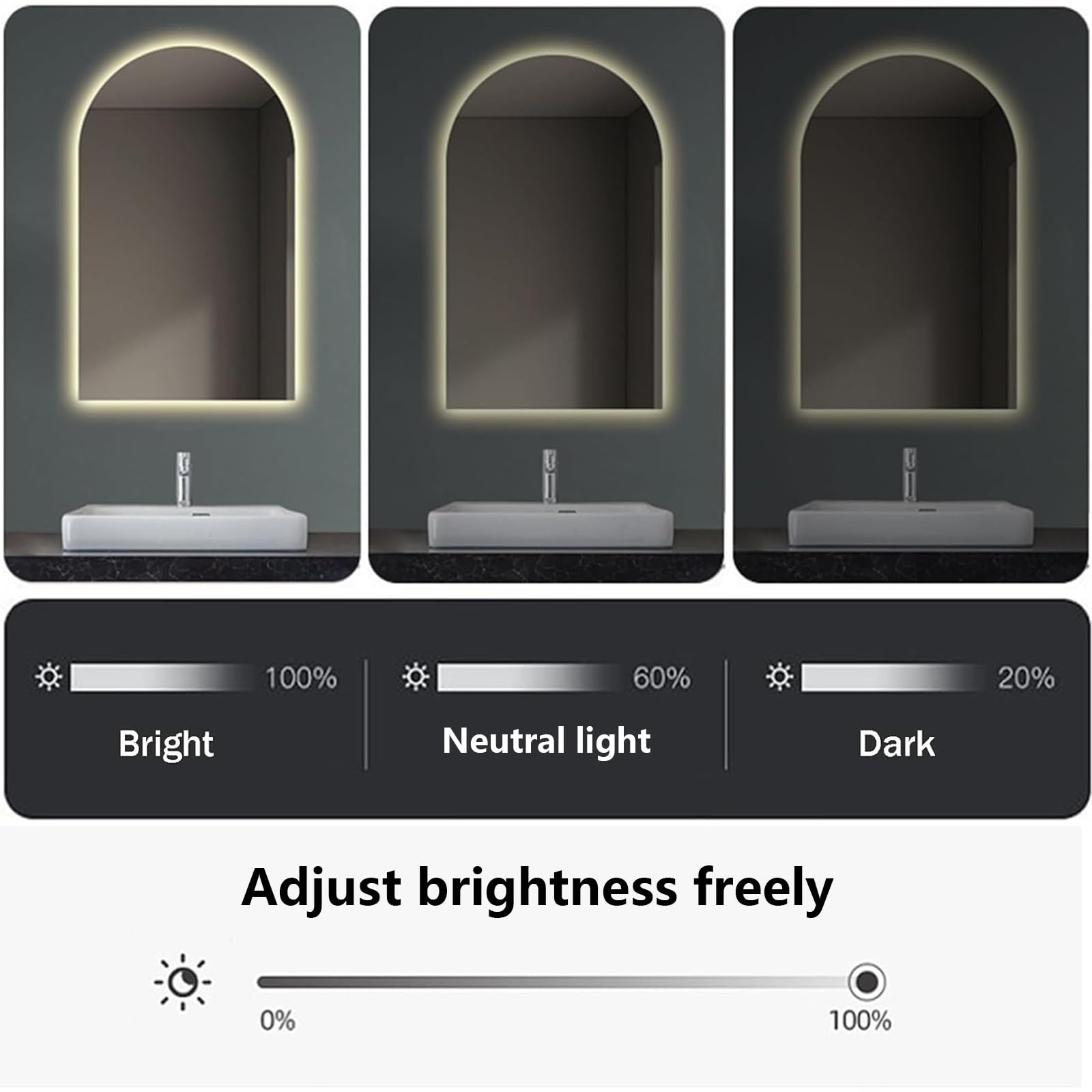 Ovaler LED-Badezimmerspiegel – Wandmontage, gewölbtes Design, intelligente Demister-Funktion, 3 Farb-Beleuchtung, bruchsicher, klein, schwarz, moderne Badezimmer-Dekoration