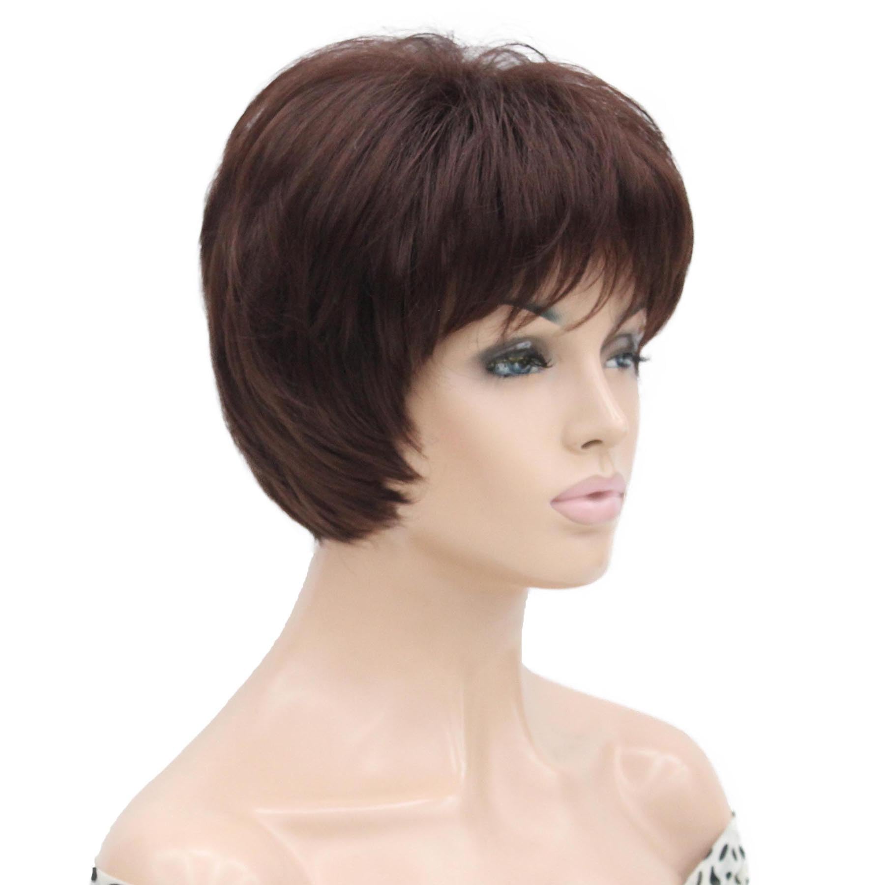 Lydell 6-8" Straight Short Bob Wig Layered Shaggy Flat Bangs Heat Resistant Synthetic Wigs 33 Dark Auburn - Image 3