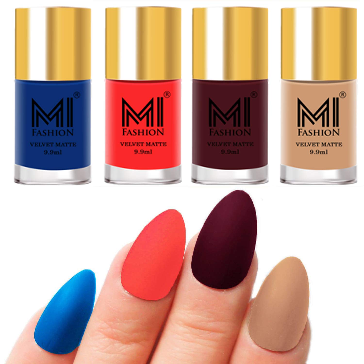 MI FASHION Velvet Matte Nail Polish Packs Pigmented With High Ingredients 9.9ml Navy Blue, Neon Orange, Red Wine, Nude (Pack Of-4)-image-27