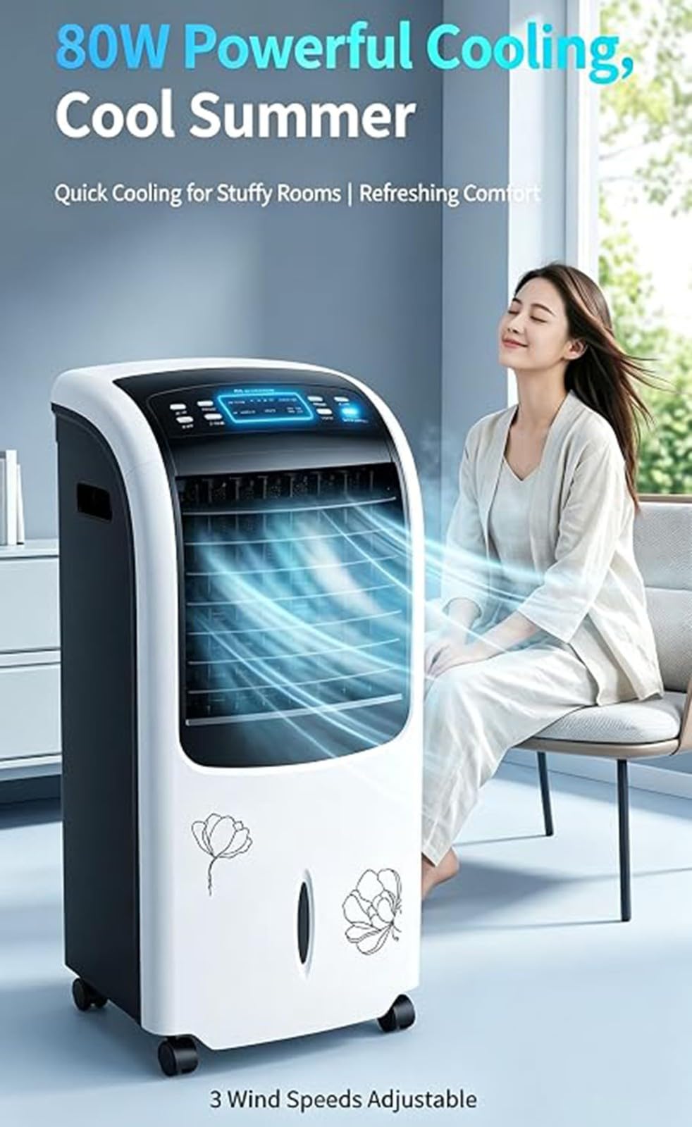 Raffrescatore d'Aria Evaporativo /Ventilatore Con Telecomando Freddo/Caldo Doppio Uso Timer 8H Tre Velocità Della Ventola Due Livelli Di Riscaldamento Oscillazione Sinistra E Destra 38*30*77cm