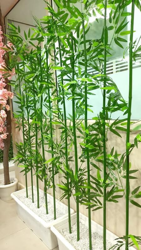 Image of Artificial Plant Bamboo Sticks with Polyester Leaves on Original Bamboo and Without Pot I Bamboo Tree Artificial for Home Decoration (12 Pieces; 1 Piece is 6.5 FEET Height; Green)