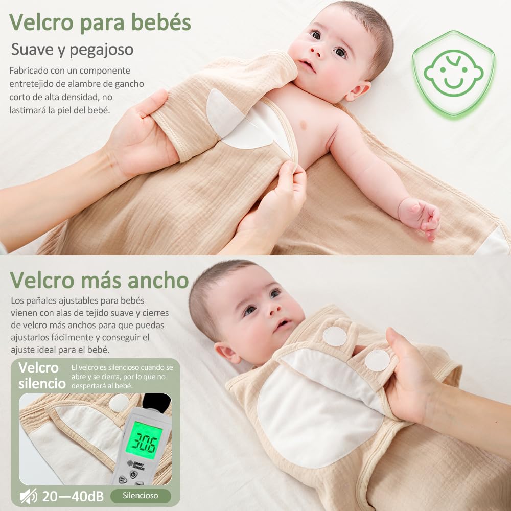 Bebé Mantas Envolventes, Bebé Swaddle Wrap Manta para 0-3/3-6 Meses Bebé, 3 in 1 Saco Dormir Bebe Orgánico Algodón, Mantas Envolventes Ajustable Ensanchar Velcro para Bebé (Caqui, 3-6 Meses)