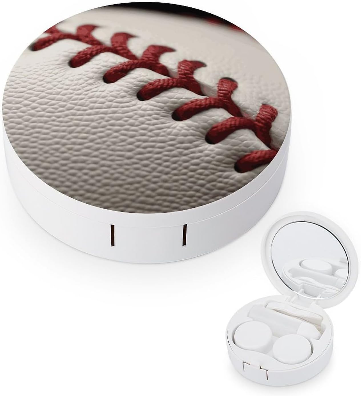 Baseball Lace Close Up Contact Lens Case with Cleaner Washer Portable Contact Lens Holder Box with Mirror Tweezers Remover Tool Solution Bottle for Daily Makeup Office