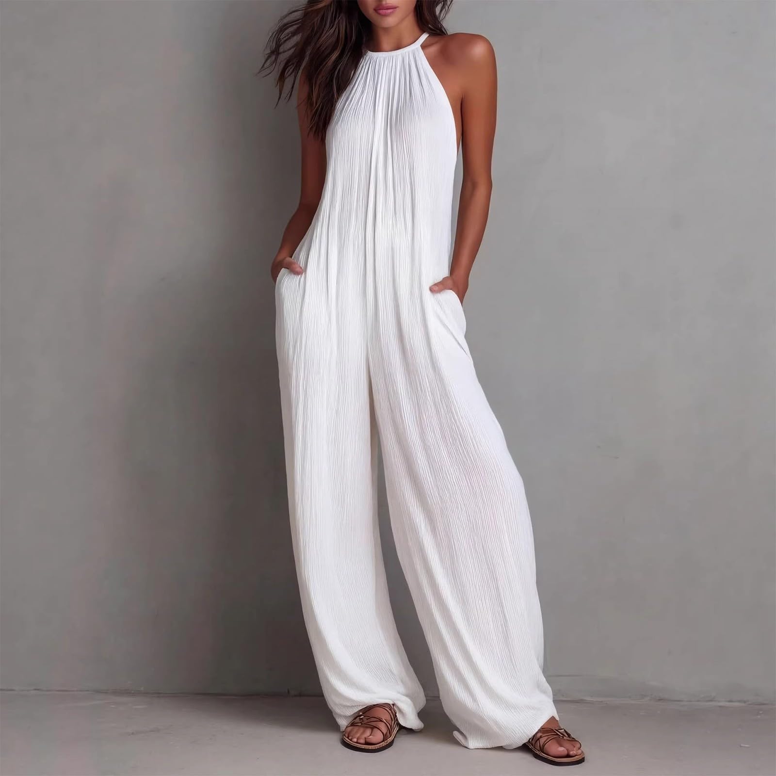 Traje de pantalón para mujer, elegante, festivo, con cuello halter y