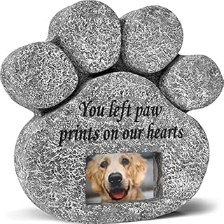 You Left Paw Prints On Our Hearts' Paw Print Pet Memorial Stone, Grave Marker with Customizable Photo Frame Slot, Loss Of Pet Gift, Personalized Dog or Cat Memorial Headstone, 21 x 20.5 x 4cm