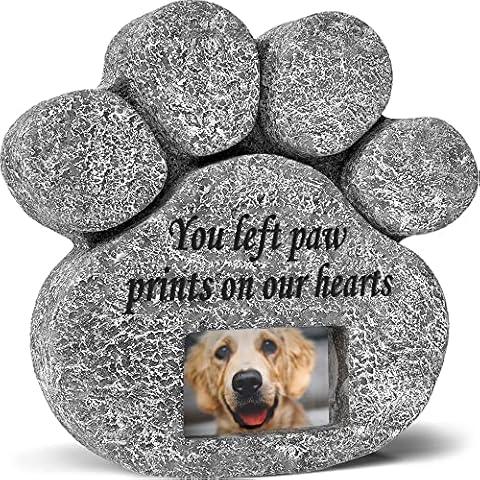 You Left Paw Prints On Our Hearts' Paw Print Pet Memorial Stone, Grave Marker with Customizable Photo Frame Slot, Loss Of Pet Gift, Personalized Dog or Cat Memorial Headstone, 21 x 20.5 x 4cm Cover