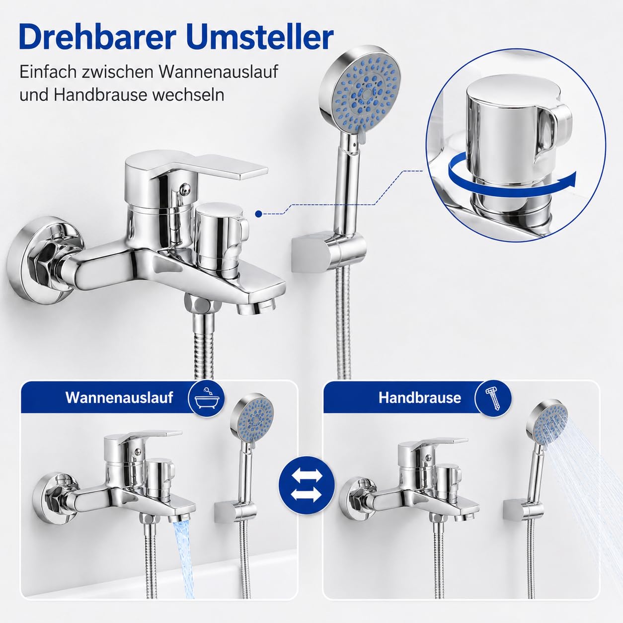 BONADE Badewannenarmatur mit Handbrause Mischbatterie Badewanne Chrom Wannenarmatur mit Brause Duschkopf 5 Funktionen, Messing Duscharmatur Wandhalterung und 150 cm Brauseschlauch für Bad