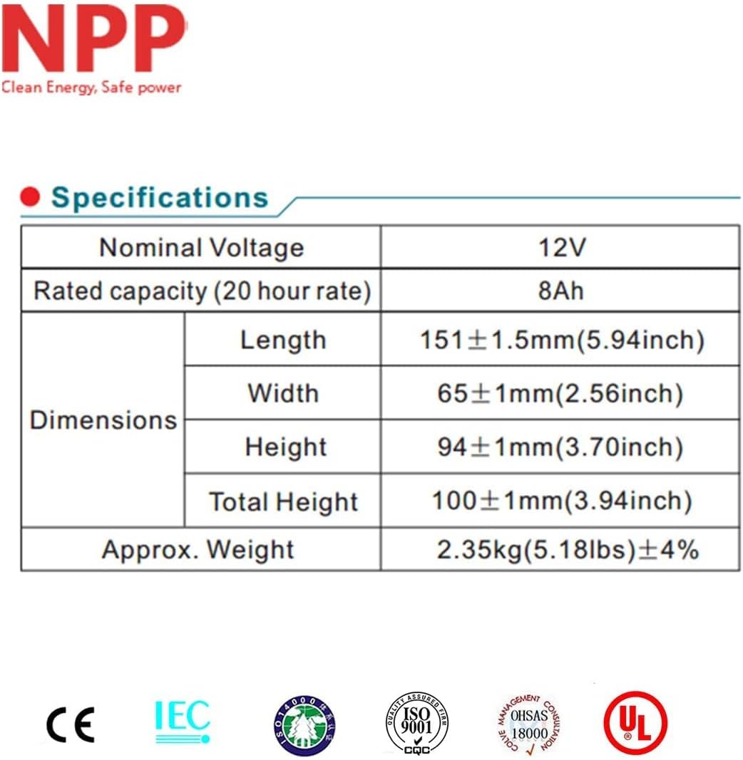 NPP 12V 8Ah F2 12Volt Rechargeable Sealed Lead Acid Long Life UPS Battery with F2 terminals for Security Systems, Electric Toys, Replace APC Back 1500VA LCD SLA Battery BR1500LCD 4 Pack