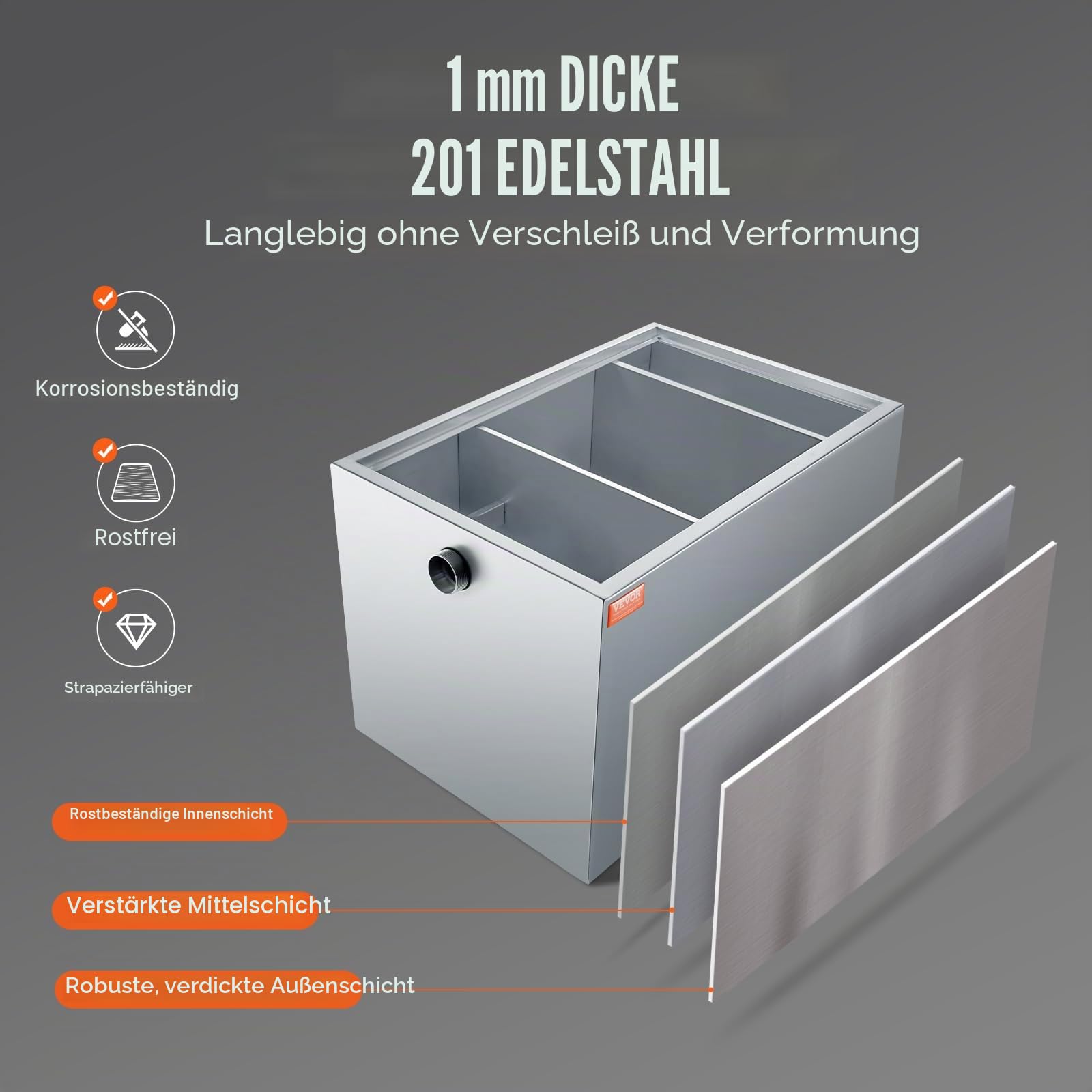 VEVOR Kommerzieller Fettabscheider, 40 lbs Fettabscheider, Seitlicher Einlassabscheider, Fettabscheider aus Edelstahl Unter der Spüle, 9,96 GPM/Min Abwasser-Öl-Wasser-Abscheider, für Restaurant usw.