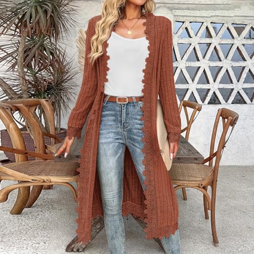 Women Ribbed Knit Maxi Sweater Cardigan, Long Sleeve Open Front Lace Trim Casual Tops Loose Comfy Fall Trendy Cardigans2