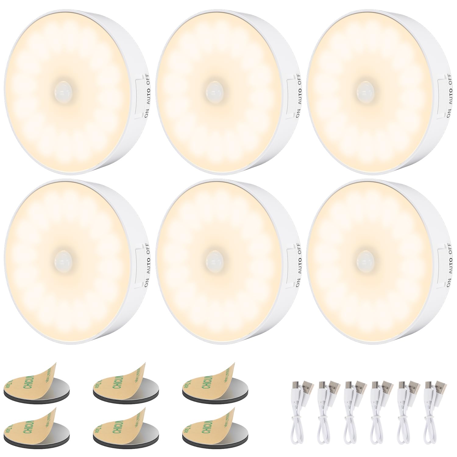 14 LED Nachtlicht mit Bewegungsmelder, 6 Pack Wiederaufladbar Nachtlampe mit USB-Kabeln, Auto/ON/Off, Stick Anywhere wie Treppe, Kinderzimmer, Schlafzimmer, Küche, Flur, Toilette - 3000K Warmweiß