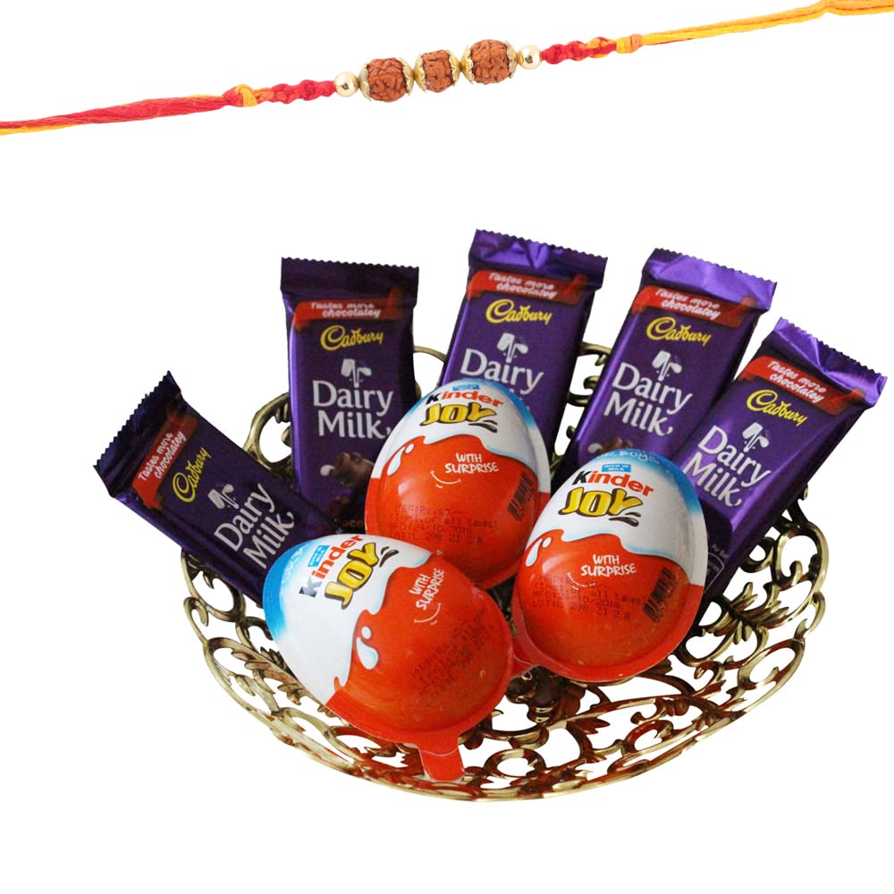 SFU E Com Dairy Milk & Kinder Joy Chocolates Gift Hamper | Rakhi Chocolate for Brother | Rudraksh Design with Chocolates | Roli, Chawal, Chandan, Misri | 32