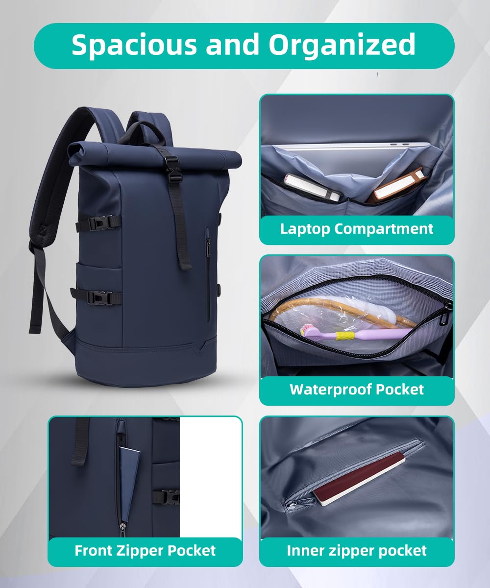 Zaino Rolltop da Viaggio 15.6 Pollici Porta PC Impermeabile Lavoro Uomo Università per Viaggio Escursionismo Campeggio Università-Blu